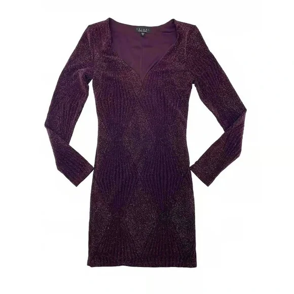 B Darlin Plum Metallic Long Sleeve V-Neck Dress - Picture 1 of 2
